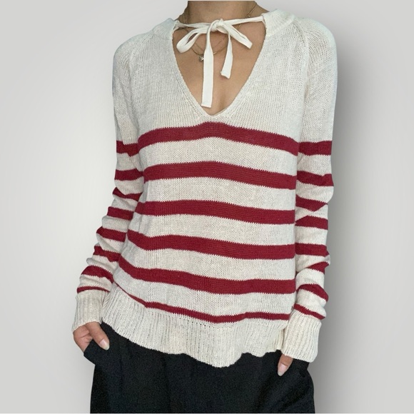 Denim & Supply Ralph Lauren Sweaters - Denim & Supply Ralph Lauren Red and Cream Linen V-Neck Sweater
